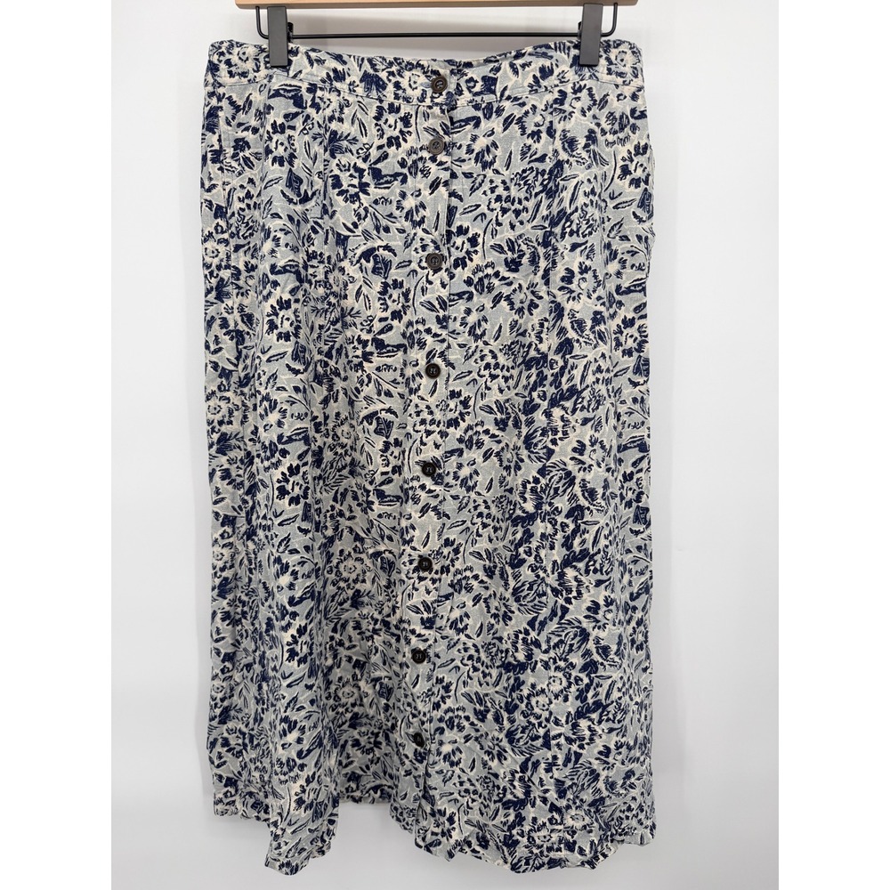 Anna and Frank Midi Skirt Womens Medium Blue Silk Floral Vintage Button Front